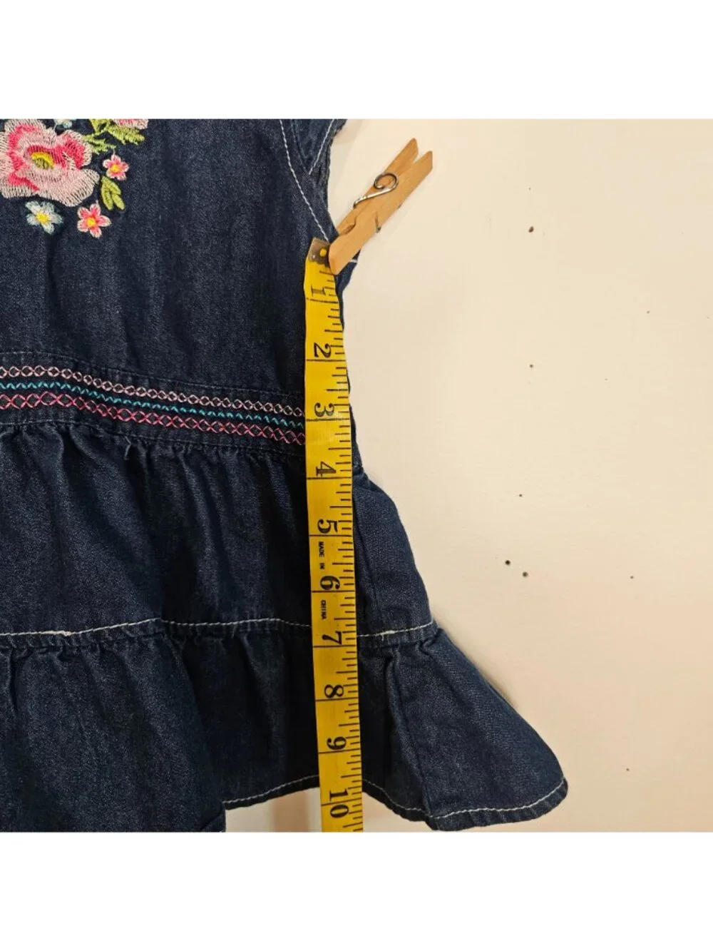 Denim Tiered Dress With Floral Embroidery & Button Closure - Toddler Girls